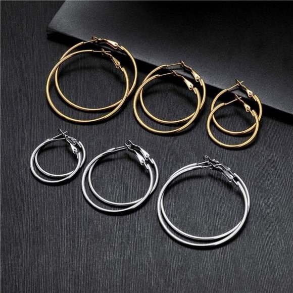 6 Pairs Stainless Steel gold silver Plated Hoop Earrings for Women Girls Cute - Picture 5 of 7